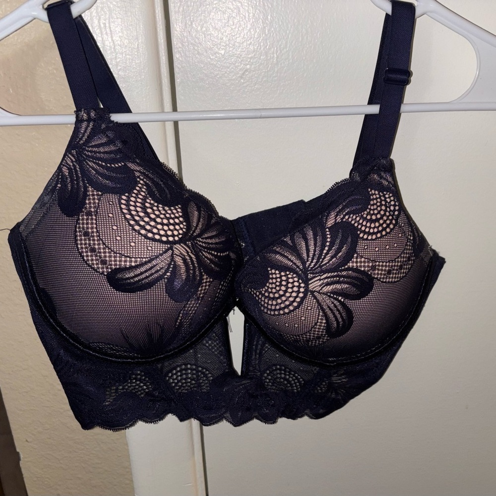 YOUMITA BLUE SOLID LACE TRIM PADDED UNDERWIRE DEEP PLUNGE BRA 34D